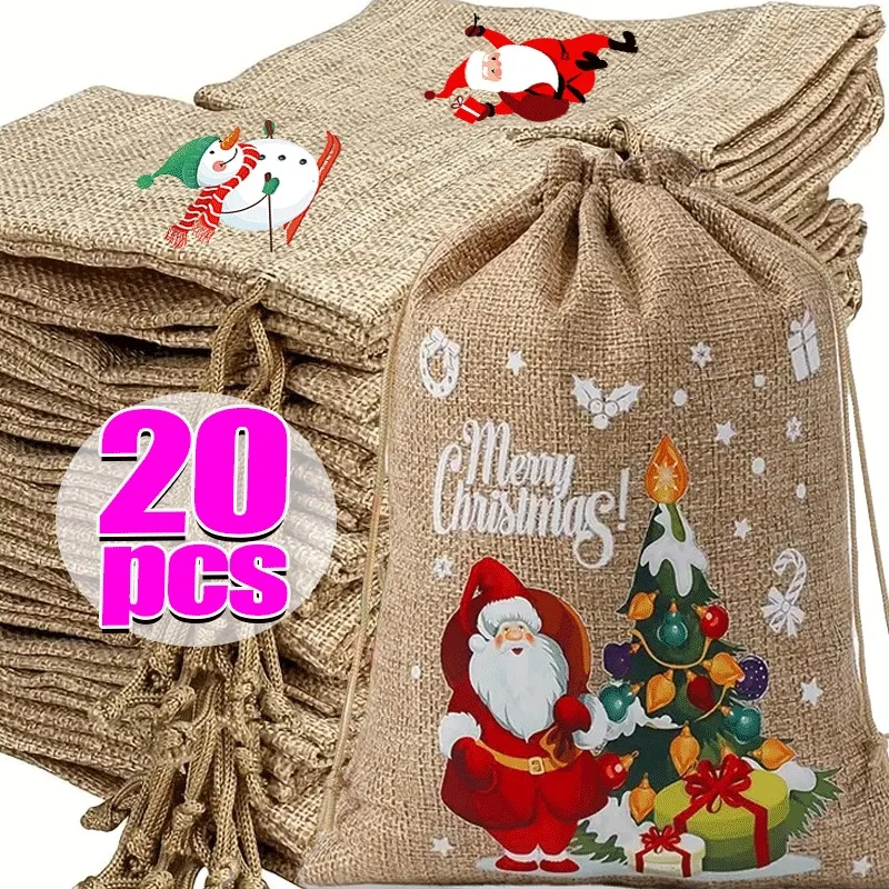 1/20PCS Christmas Linen Drawstring Bags Candy Biscuits Pouchs Burlap Bracelet Jewelry Storage Bags Xmas Kids Gift Packaging Bags