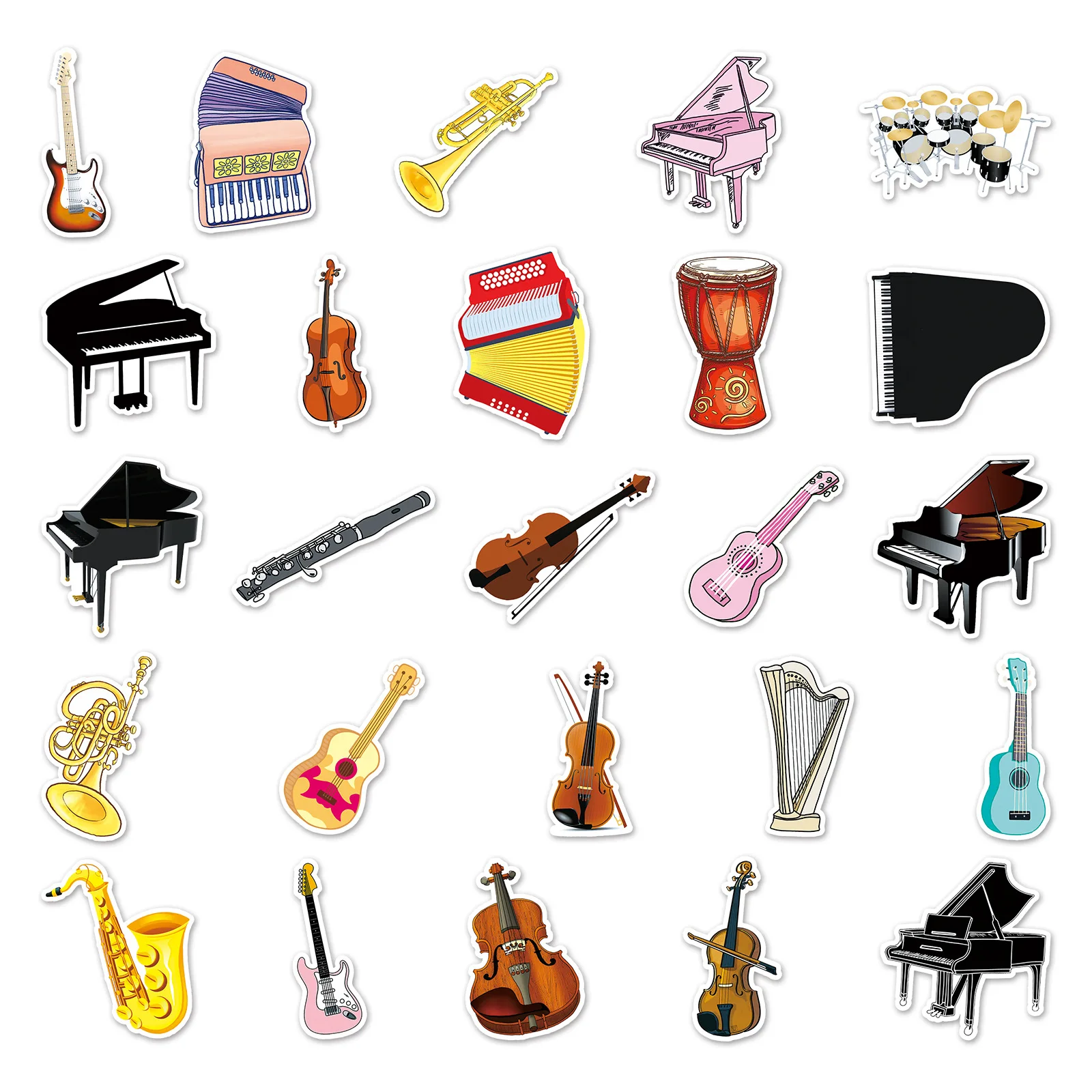 10/30/50PCS Musical Instrument Graffiti Sticker Cartoon Piano Sticker DIY Skateboard Phone Case Luggage Sticker Graffiti Wholesa