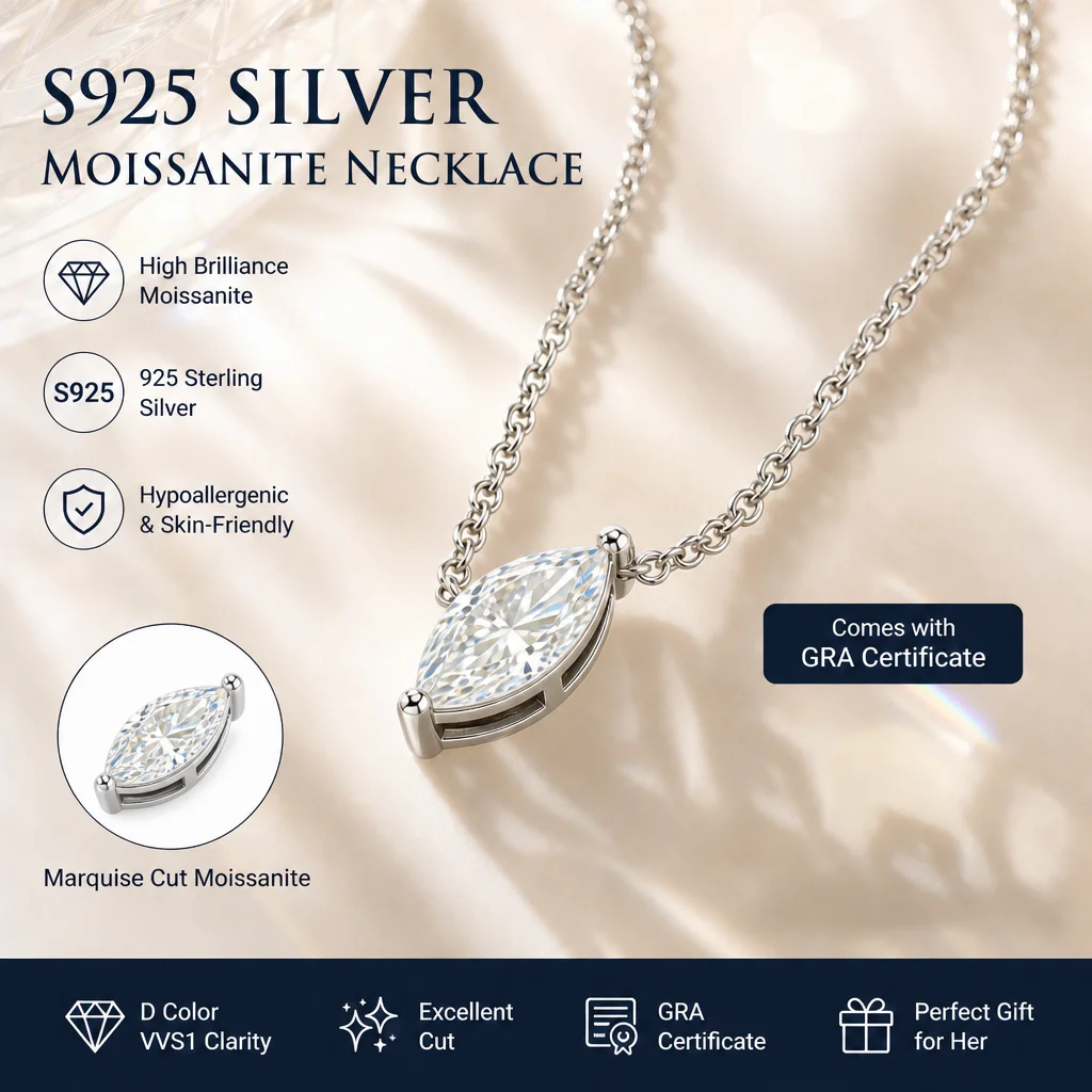[Discount] Luxury Marquise Heart Shape Pendant S925 Silver Necklace Sparkling D VVS Moissanite Necklavce for Women Gifts