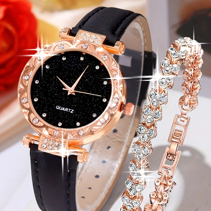 Starry Fashion Quartz Watch Luxury Rhinestone Analog PU Leather Wrist Watch & 1pc Bracelet, Gift For Women Her