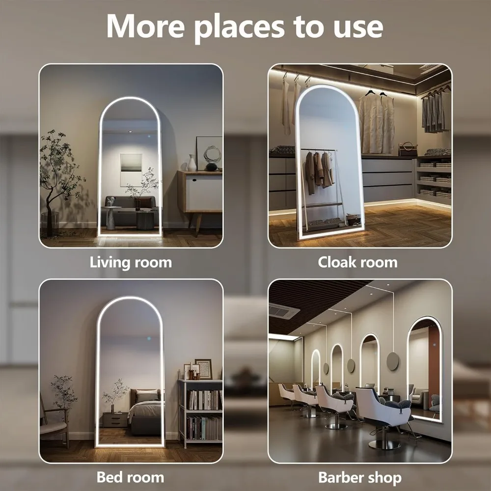 Espelho de piso arqueado de comprimento total iluminado por LED, 65x24 com brilho ajustável e 3 modos de cor, espelho de corpo magro em pé