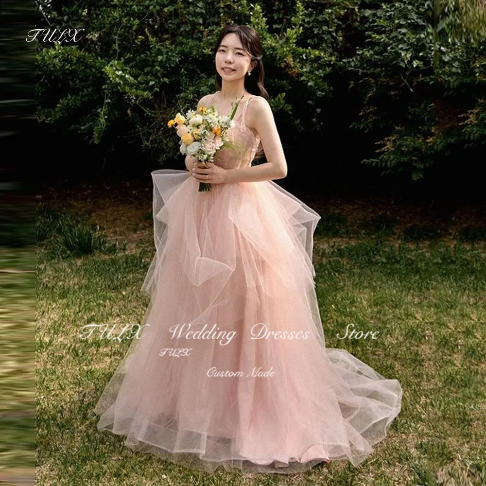 

TULX Fairy Spaghetti Strap A line Korea Wedding Party Dress Tulle Pleat Floor Lengt Prom Gown Women Corset Bridal Evening Dress