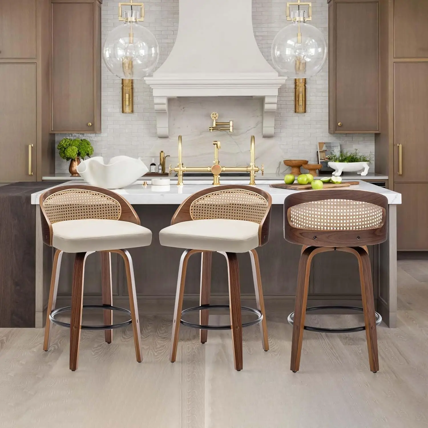 

26" Swivel Rattan Bar Stools Set of 3,Mid-Century Modern Beige Leather Upholstered Counter Height Stools,Kitchen, Customized