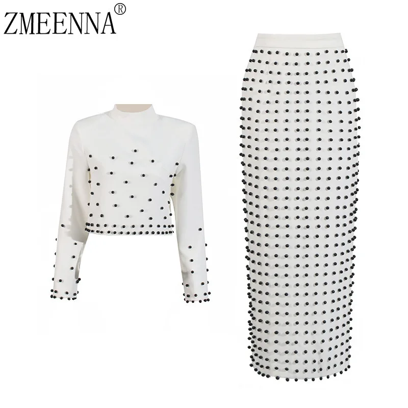 ZMEENNA Round Collar Solid Color Long Sleeve Patchwork Bead Tops High Waist A Line Skirt 2 Pieces Sets For Women 2025 New ZM637