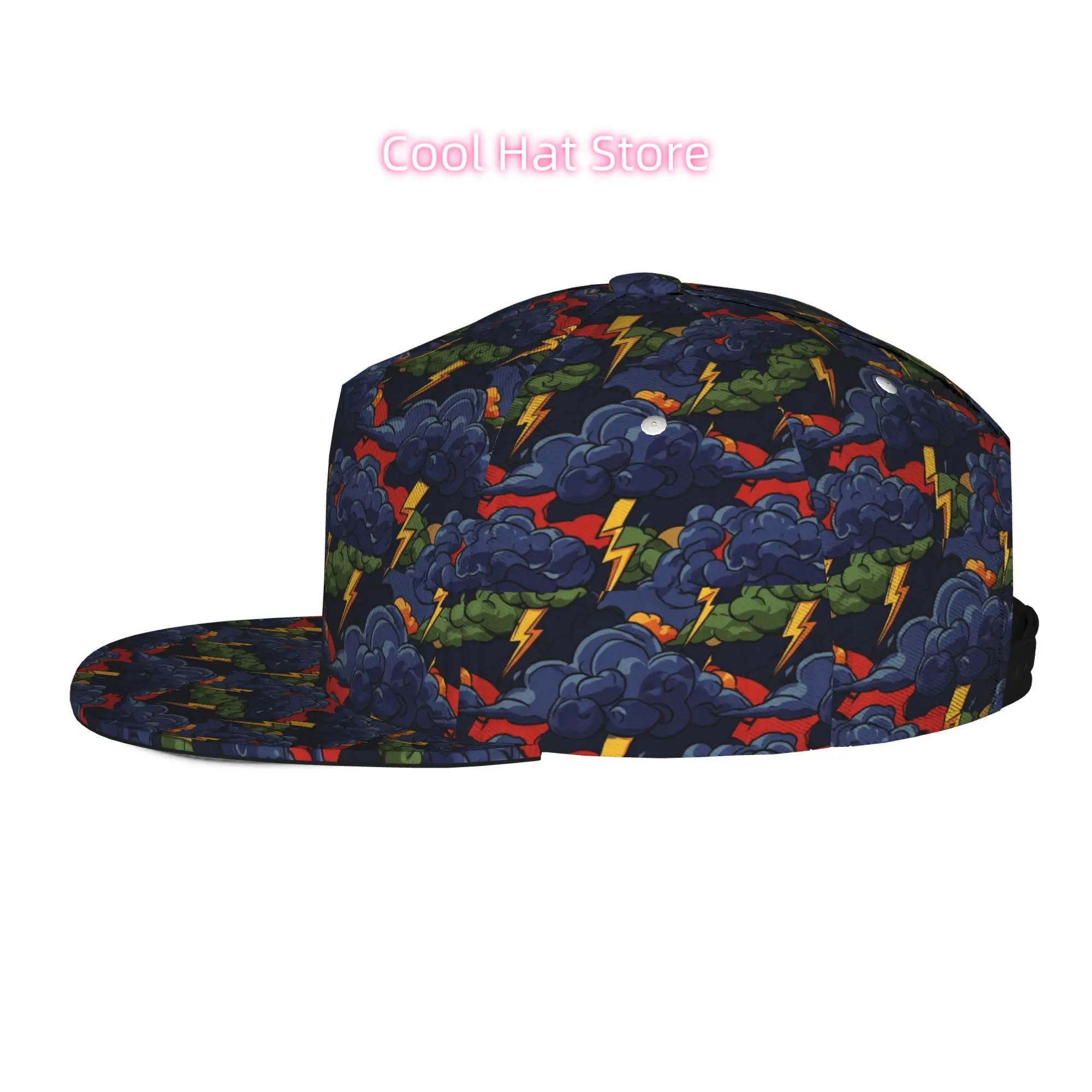Baseball Caps for Both Men And Women, Featuring a Stormy Sky Design with Lightning Strikes. They Have an Adjustable Snapback And