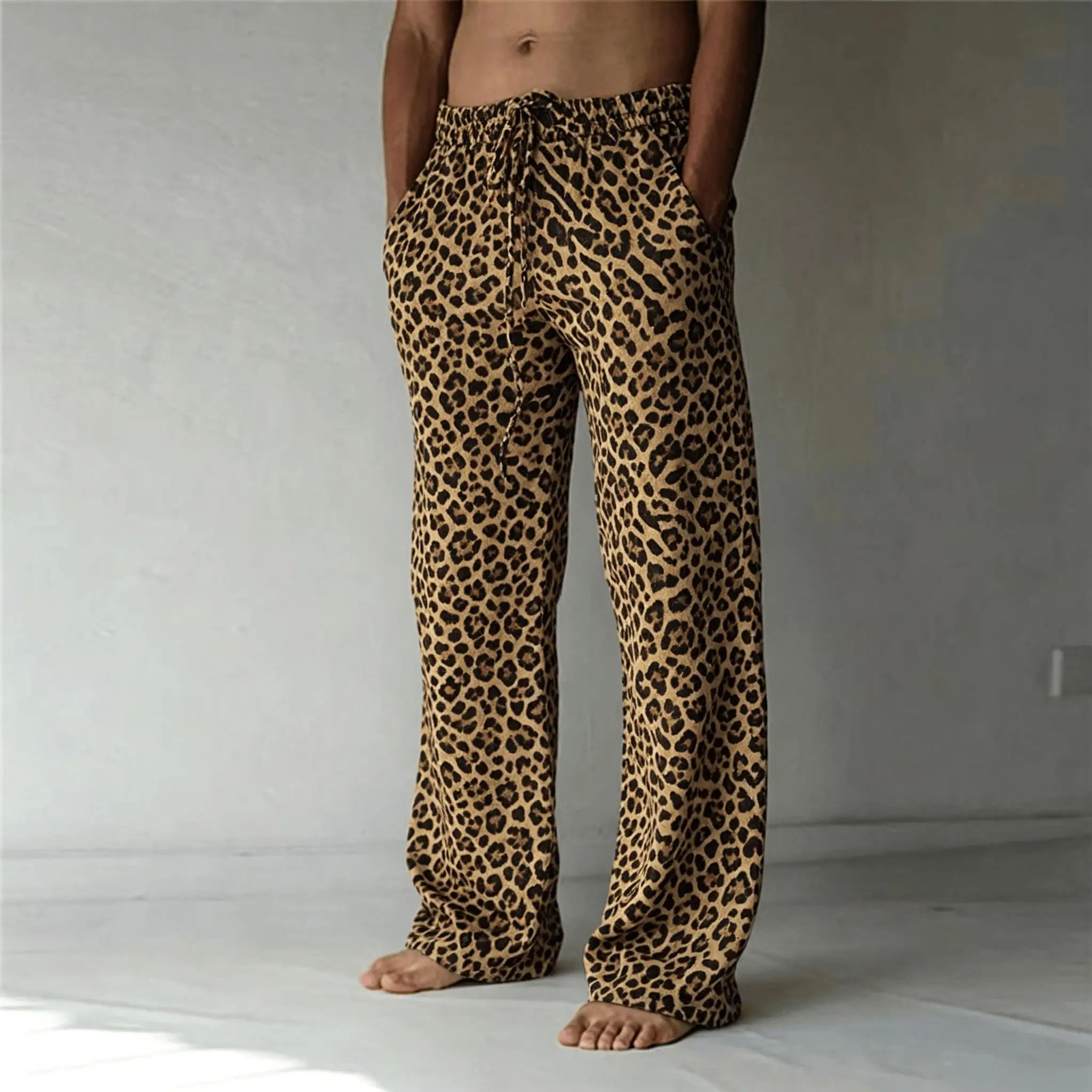 Men's Classic Leopard Print Drawstring Wide Leg Pants, Retro Casual Straight Pants for Spring & Summer