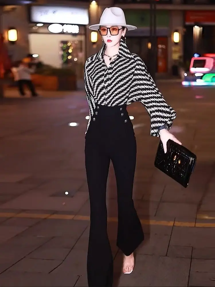 Advanced Fashion Style Set Women's 2023 Summer New European Long Sleeve Shirt High Waist Harlan Pants Two Piece Set