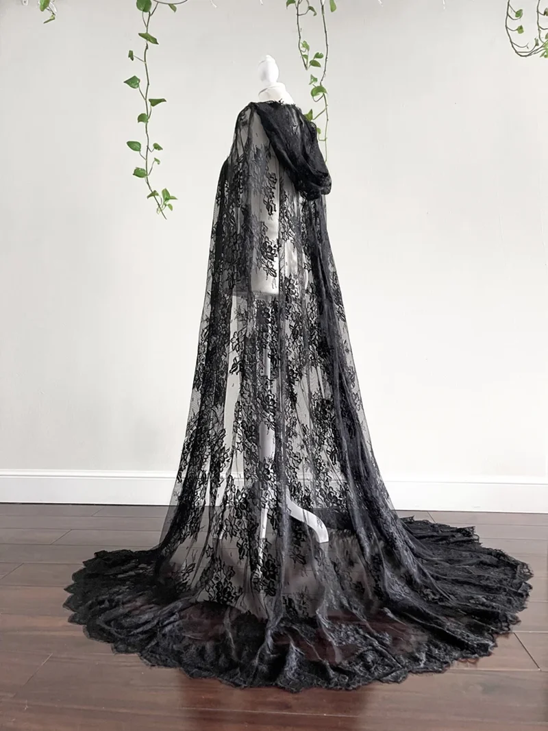 

Romantic Hooded Black Lace Wedding Cloak Bridal Cape