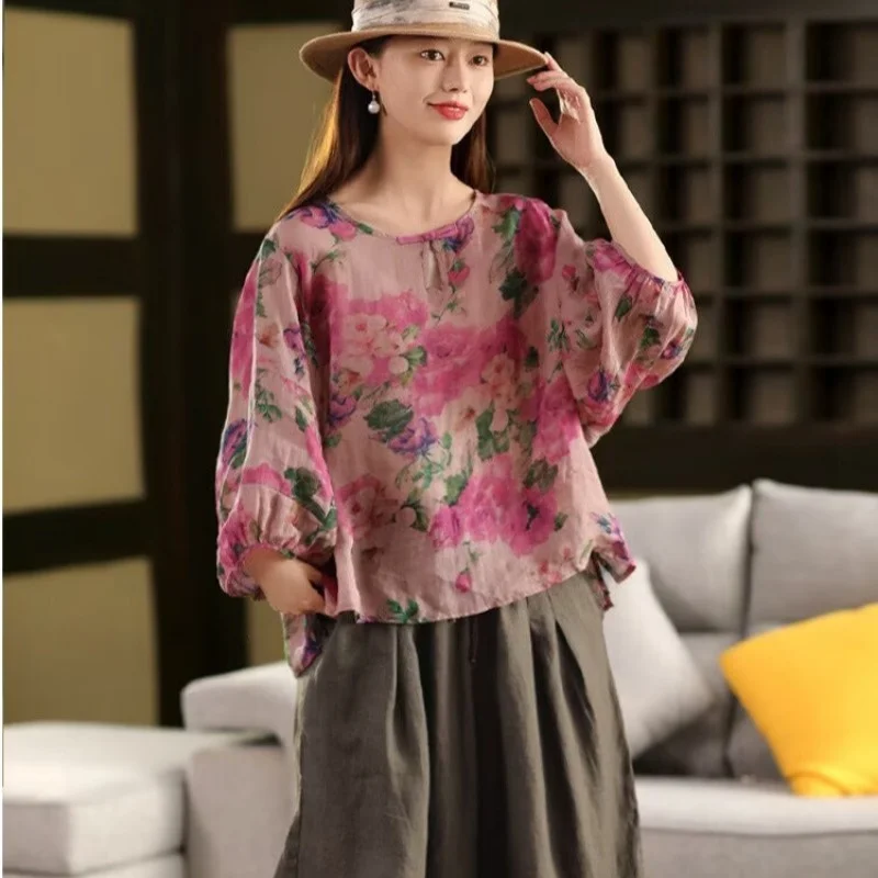 Women Chinese Style Floral Print Blouse Frog Button Lantern 3/4 Sleeve Loose Ramie Shirt Ladies Thin Casual Pullover Top