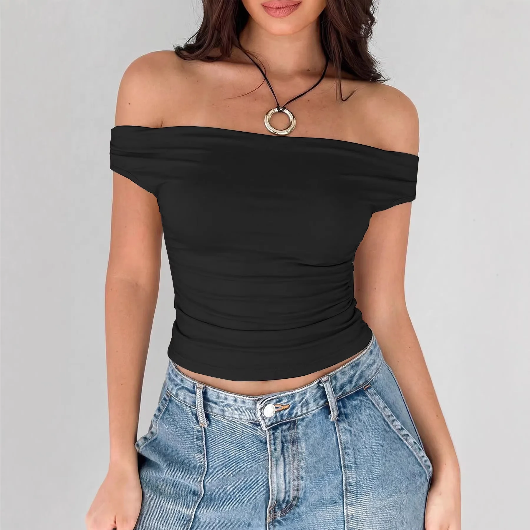 Schulterfreies Gerafftes Crop Top Designer-Oberteile Damen Sommerkleidung Y2K Figurbetont Ärmellos Ausgeh- und Party-Tops 2026 Mode