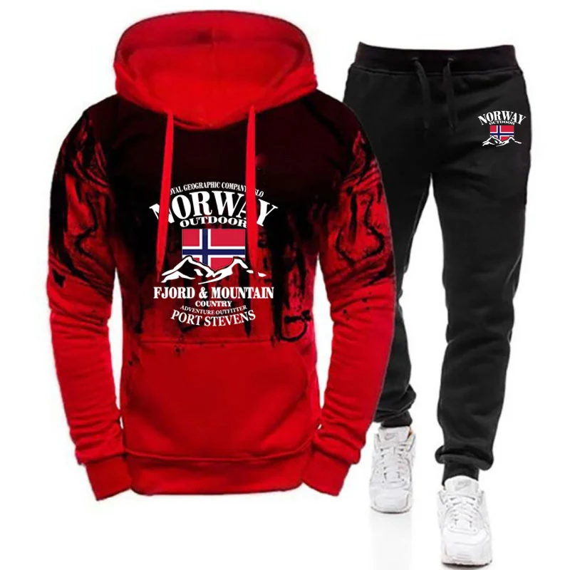 Norway Flag Fjord Mountain Print 2025 Men Casual Spring Autumn Gradient Color Set Hoodie Sportwear+Sweatpant Harajuku Suit