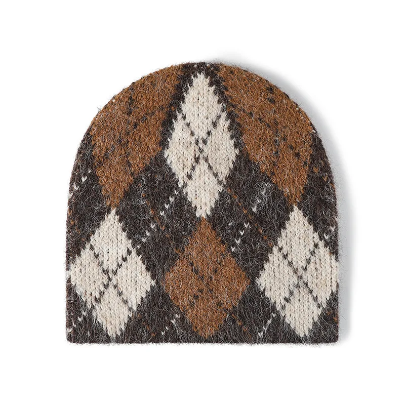 Argyle Plaid Beanie Wool Blend Diamond Check Knitted Caps Bonnet Hat