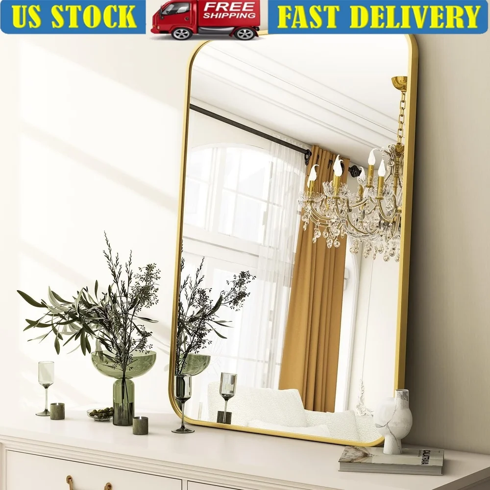 

Металлическое зеркало для ванной комнаты с круглым краем, 36x24 дюйма, HD, взрывозащищенное стекло, простая установка, настенный декор, небьющаяся конструкция