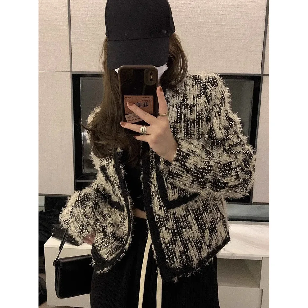 Women's Small Fragrant Style Jacket Spring Autumn New Design High End Short Coat Ladies V-Neck Long Sleeve Retro Outwear Tops