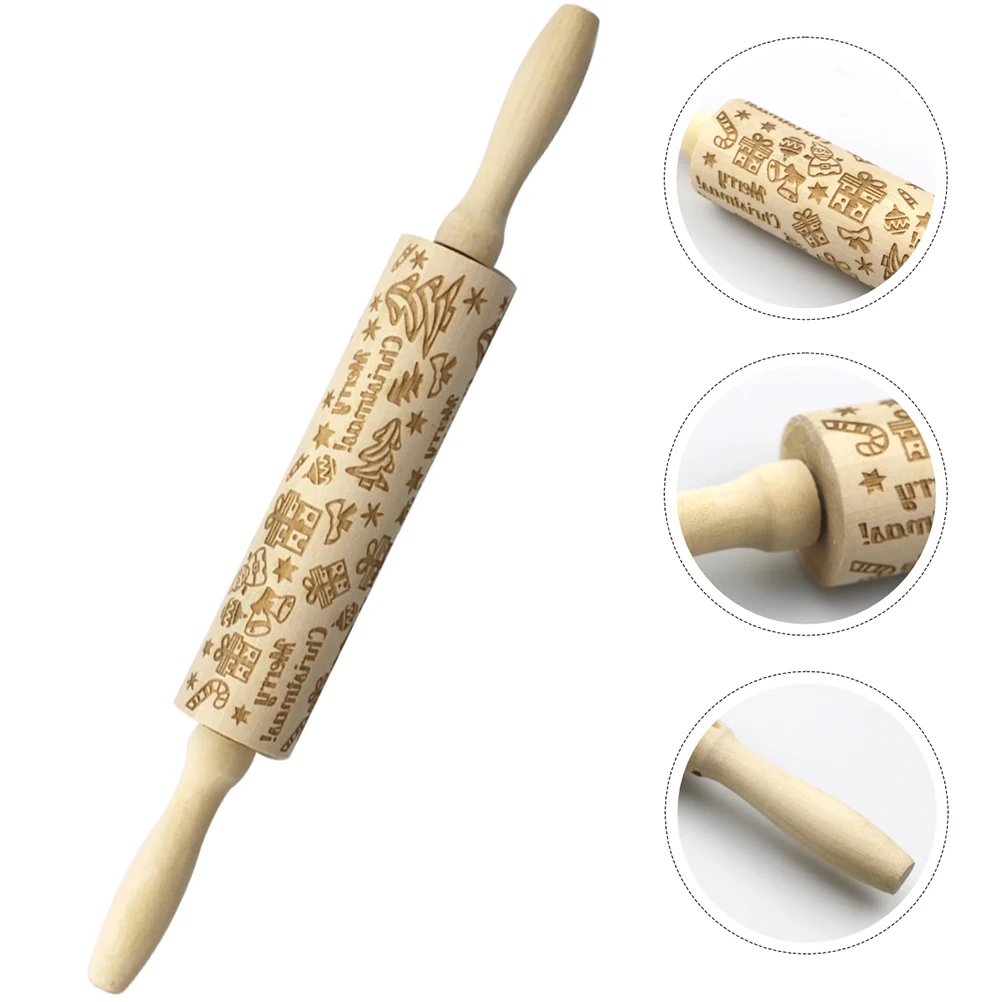 

Wooden Christmas Rolling Pin with Festive Patterns Solid Wood Baking Roller for Dough Pies Cookies Holiday Cooking Kitchen Tool