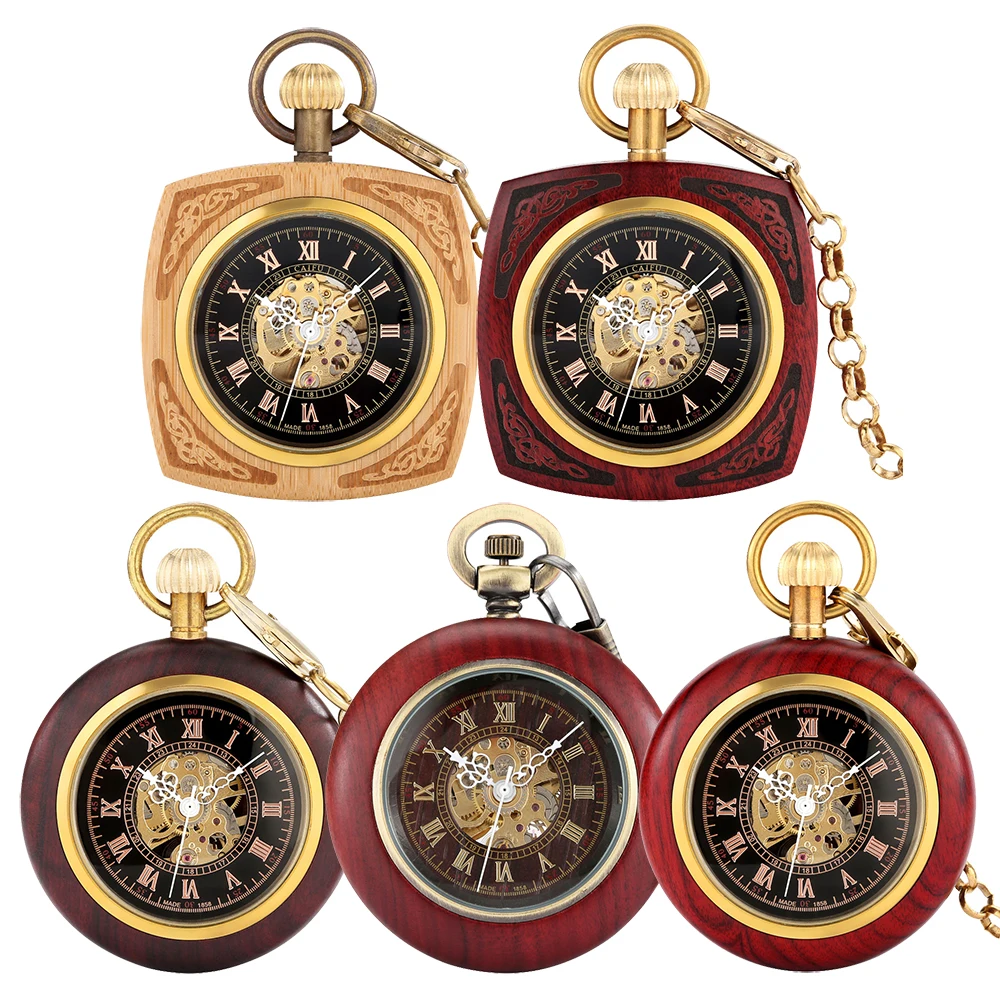 Vintage Wooden Watch Case Men's Automatic Mechanical Pocket Watch Retro Fob Chain Pendant Clock Roman Numerals Open Face Dial