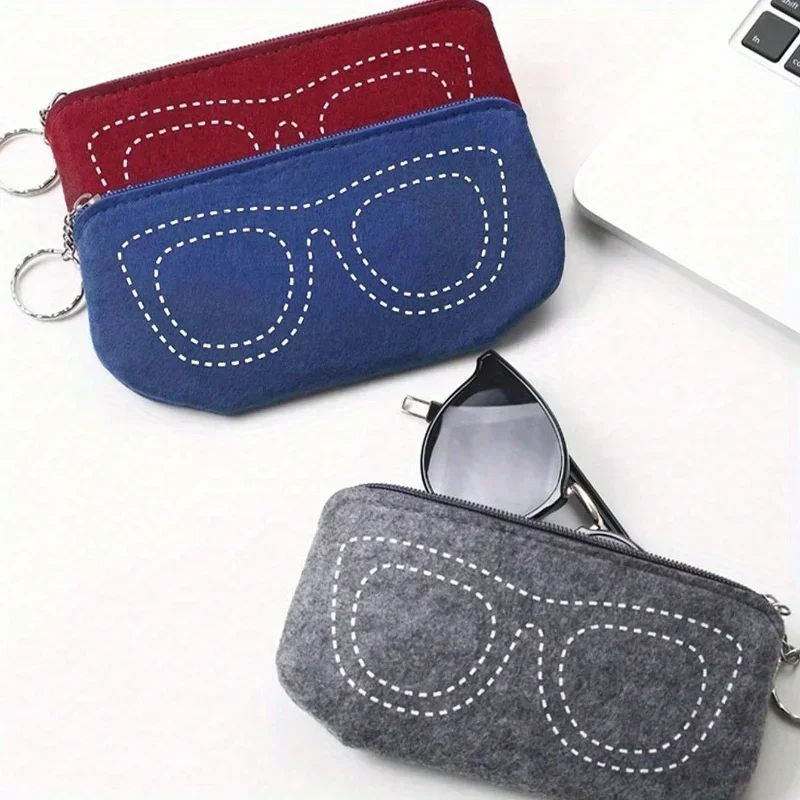 

Soft Felt Eyeglasses Pouch Zipper Closure Portable Glasses Case With Keychain Travel Glasses Cover Eyewear Storage Bag