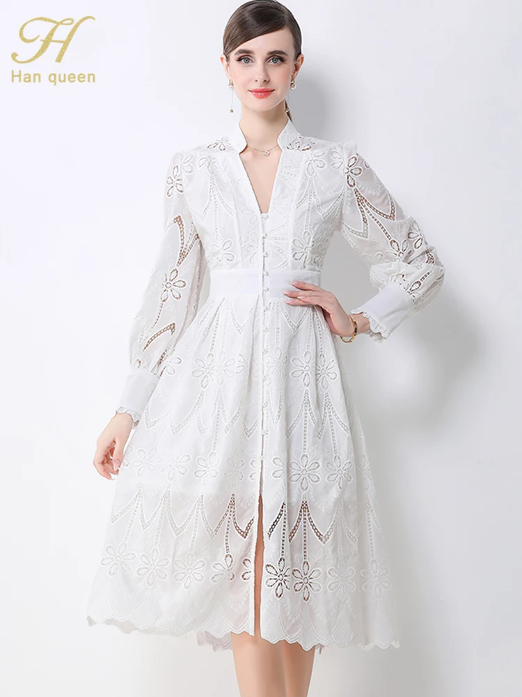 فستان دانتيل ربيعي للنساء من H Han Queen بفتحة رقبة على شكل حرف V وأكمام واسعة وصدر واحد وخصر عالٍ فساتين حفلات كلاسيكية على شكل حرف a