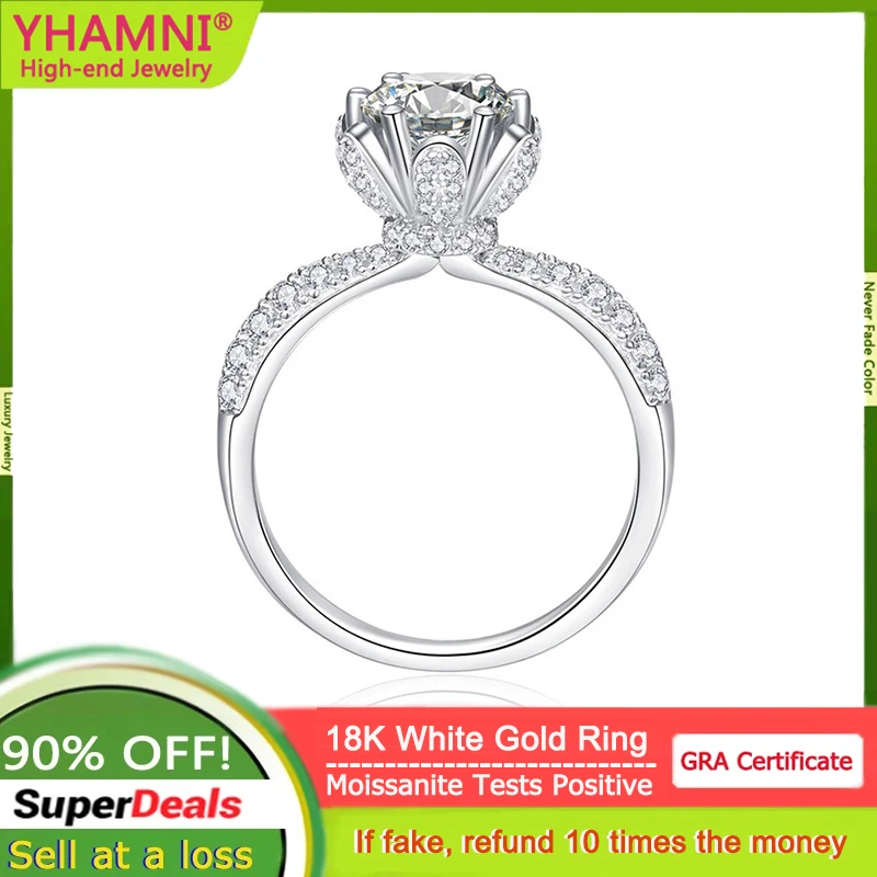 

YHAMNI 18K White Gold Rings With 1 Carat Moissanite Round Diamond Ring For Women Wedding Anniversary Party Daily Wear Gift Box