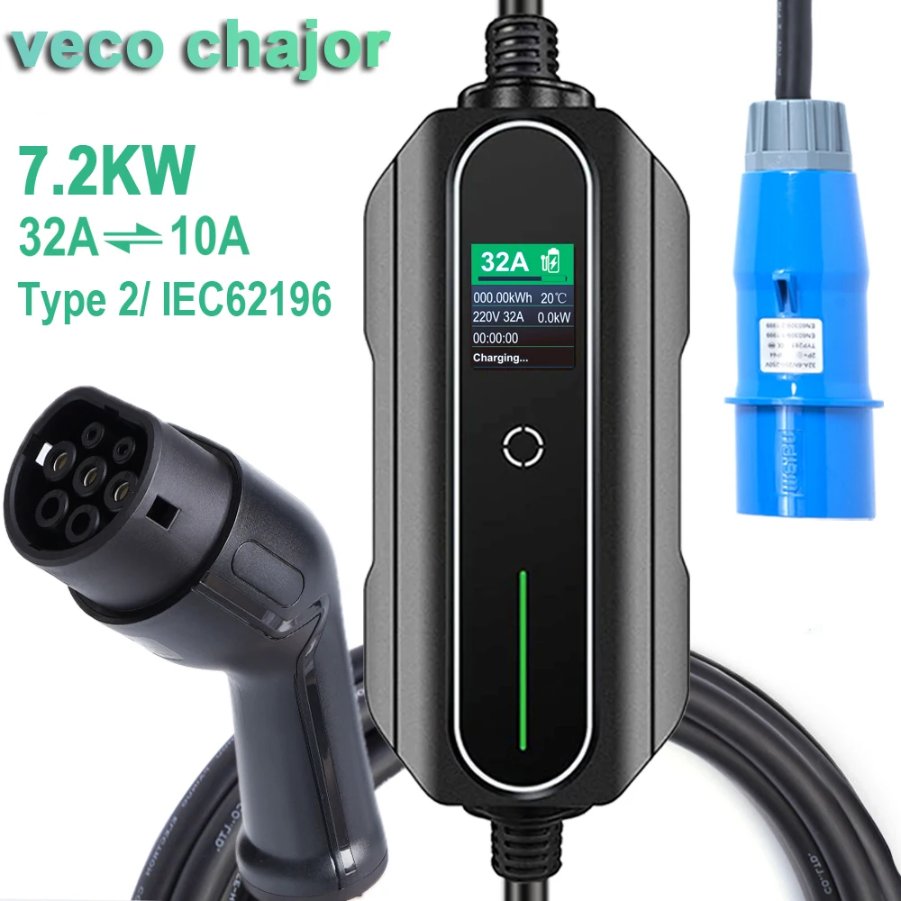 32A Electric Car EV Charger Type 2 7KW 1 Phase CEE IEC 62196-2 Mennekes Home Portable Charging Station 5M Cable for Vehicles