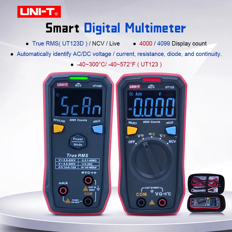 UNI-T Mini Digital Multimeter UT123 Auto Range AC DC Voltage ohmmeter Temperatue tester NCV/Continuity Test  EBTN Color Screen