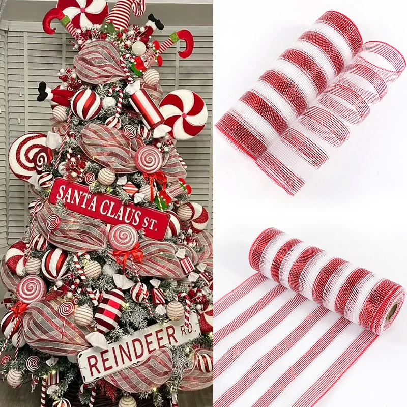 10Yard Christmas Red White Metallic Mesh Ribbon Xmas Tree Candy Cane DIY Wreath Bow Decoration 2024 New Year Supplies