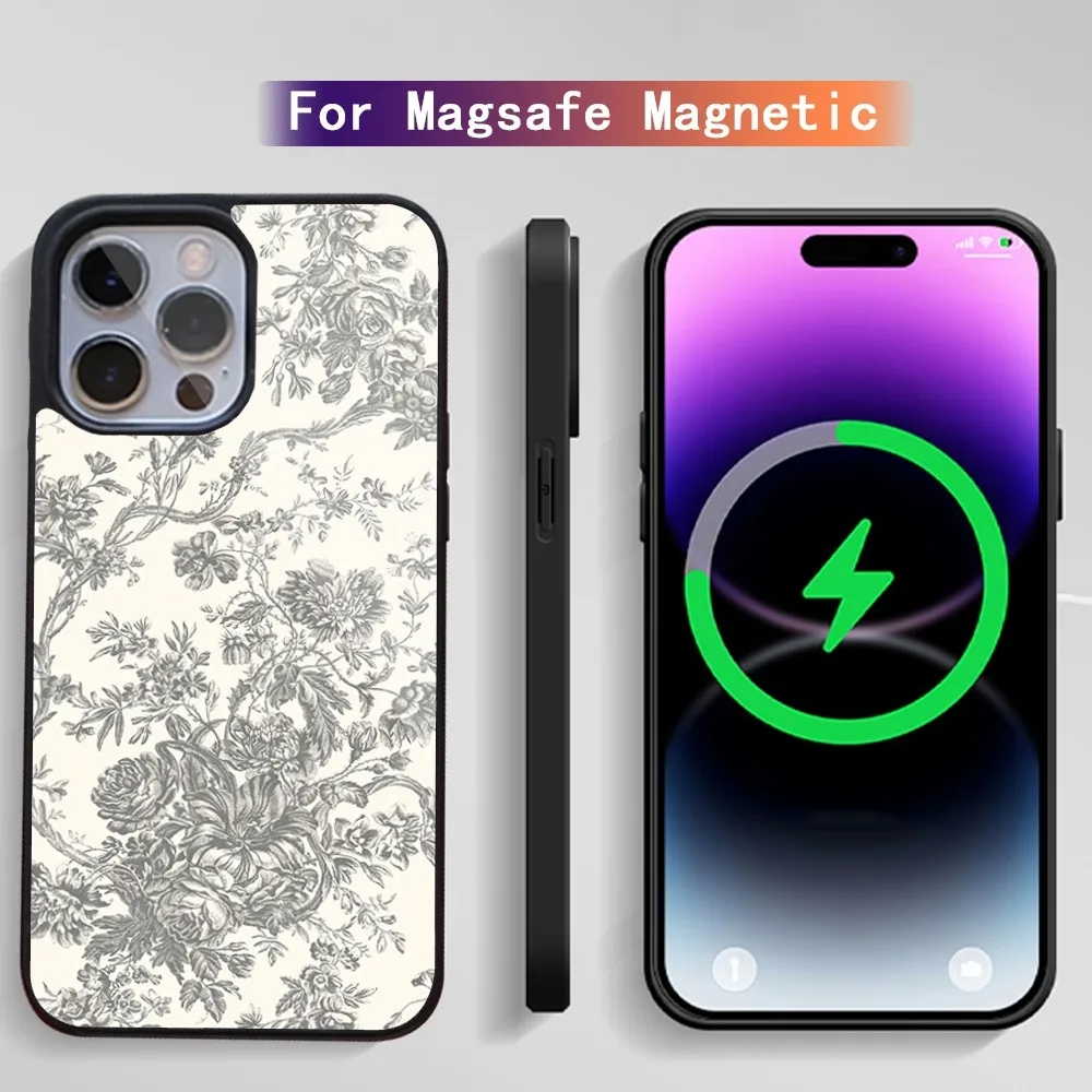 Toile De Jouy Pattern Phone Case For iPhone 15 14 13 12 11 Plus Pro Max Magsafe Magnetic Wireless Charging