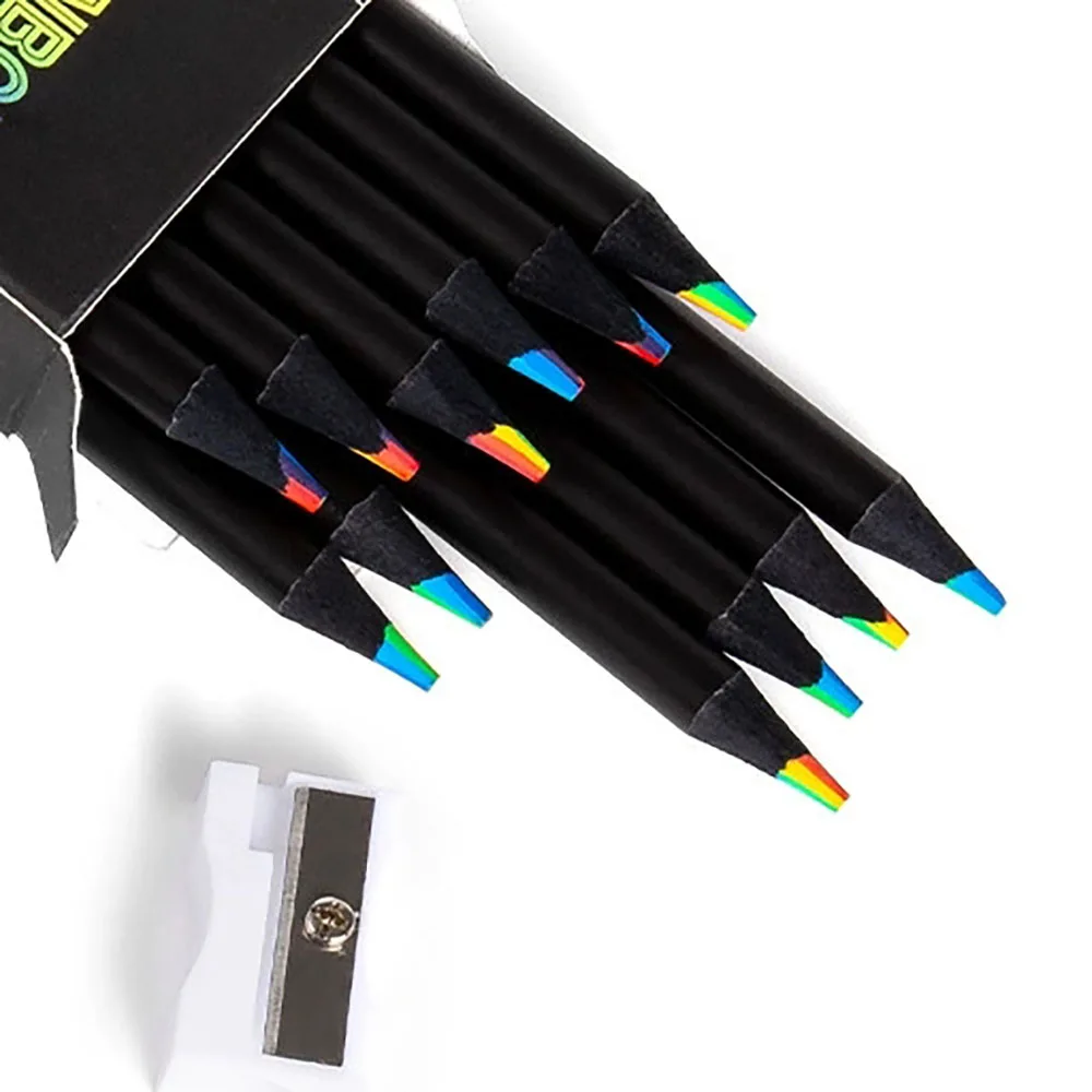 12 Pieces/Box Black Wood Rainbow Pencils (Sharpened Type) with a Sharpener, Portable Short Colored Drawing and Doodling Pencils, Vibrant Effect Pencil Leads Suitable for Student Groups, Graffiti Enthusiasts, Journaling Enthusiasts, Creative Hand-Drawers, and Art Beginners, It Can Be Used for Coloring Book Creations, Journal Decoration, Daily Doodling, Classroom Creative Exercises, Art Enlightenment Activities, and DIY Greeting Card Drawing.