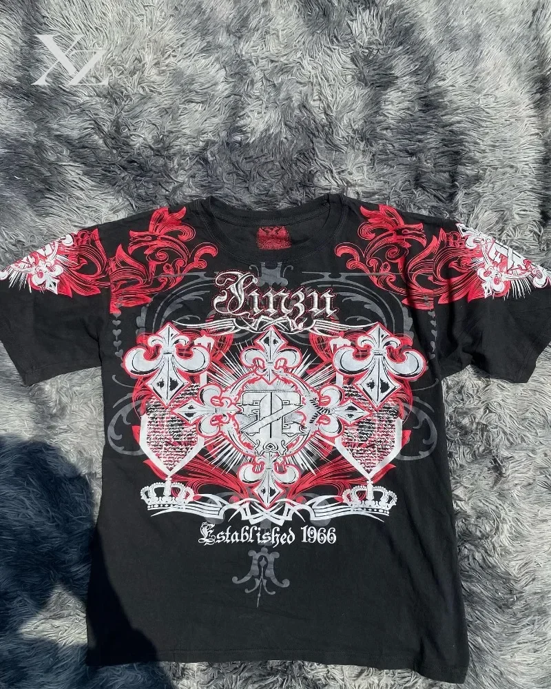 Y2K Acid Wash Red White Blossom Printing Tee Mens Reflective Streetwear Gym Nightclub Shirt Unisex New Higher Street Tops