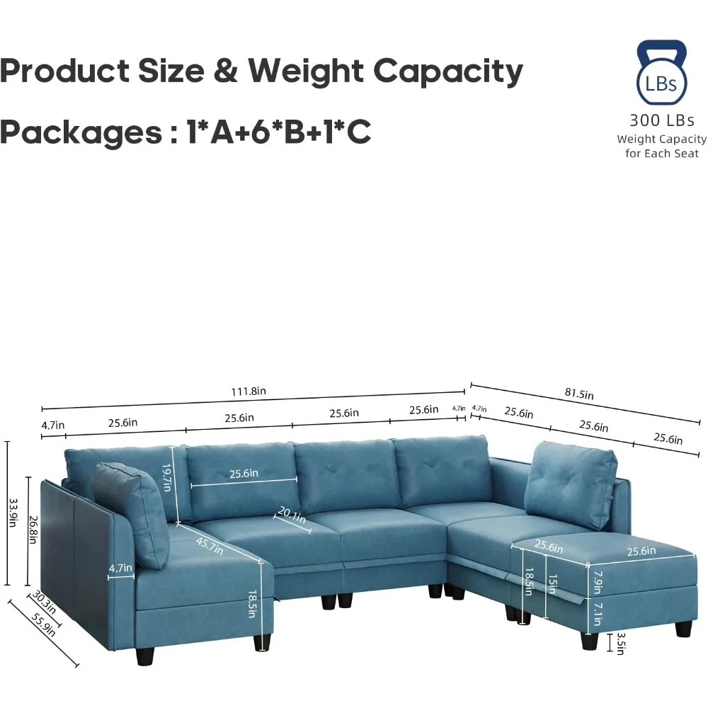 Modular sofa, convertible U-shaped sofa, with storage space, waterproof sofa with artificial leather fabric, 7 seats