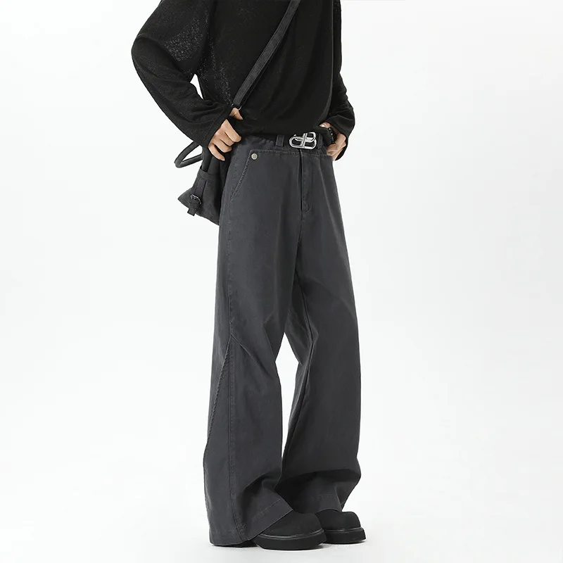 WTHT 패션 남성 솔리드 컬러 패치 워크 버튼 디자인 데님 바지 빈티지 2025 여름 하이 웨이스트 스트레이트 청바지 남성 2A0781