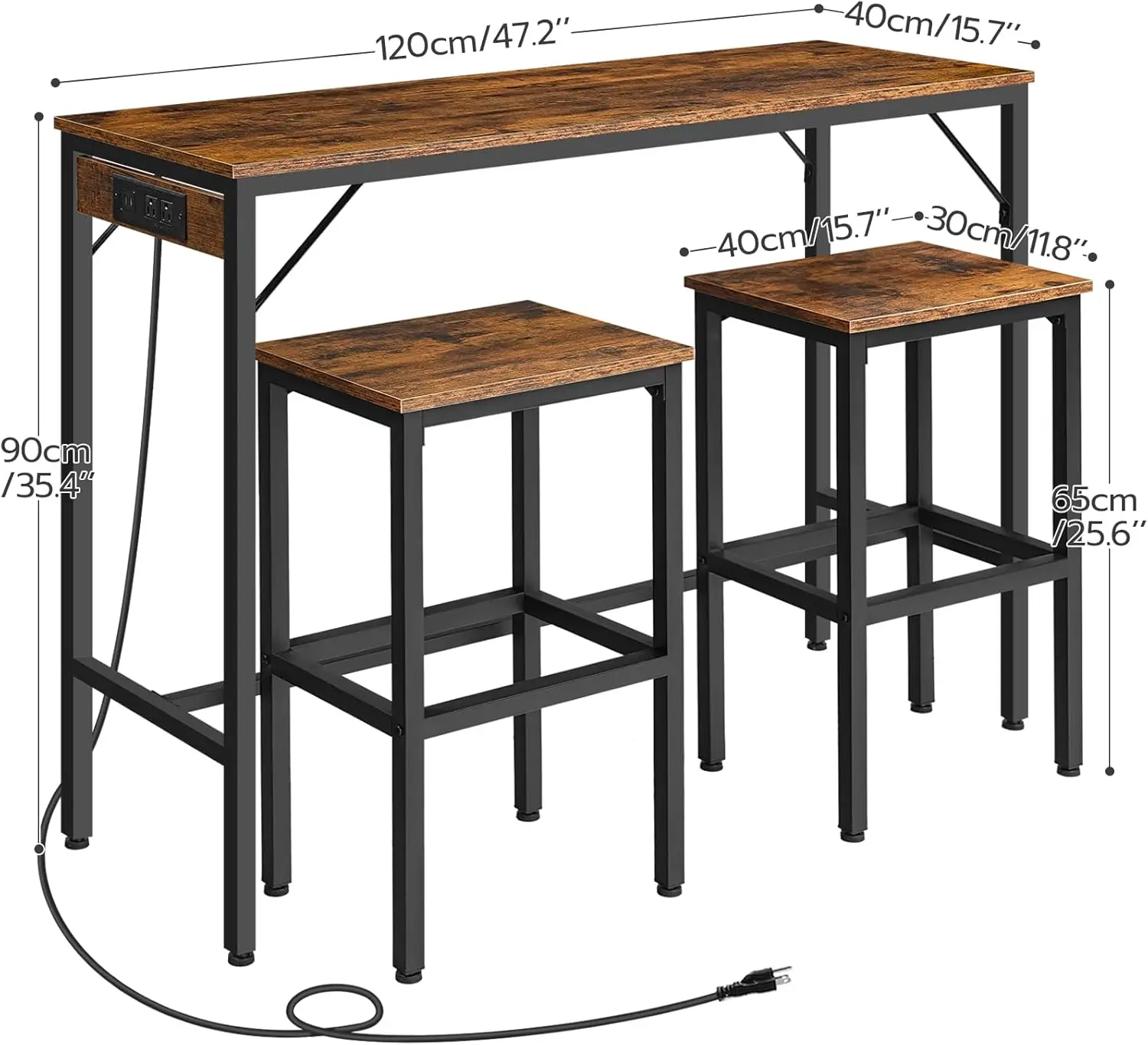 Bar Table and Chairs Set, 47.2" Dining Set with Power Outlet, 3-Piece Pub Set, Kitchen Bar Height with Stools