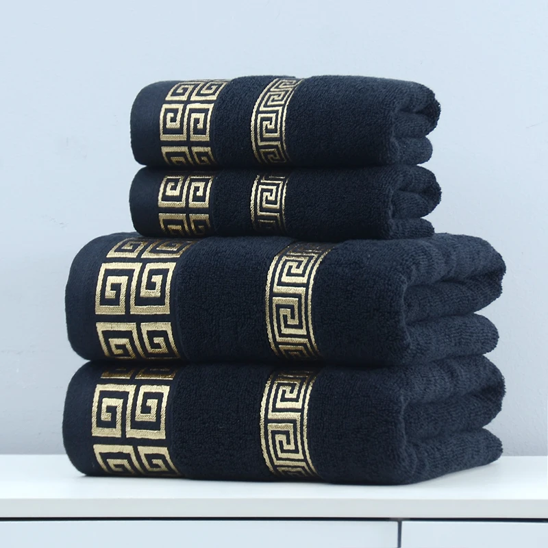 2pcs Black Bath Towels for Adults 100% Cotton Solid Terry Beach Towel Absorbent Yoga Shower Towels Bathroom Christmas Gift