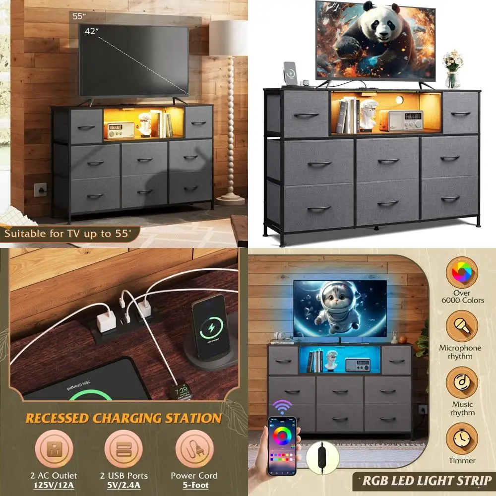 حامل تلفزيون لمركز الترفيه بإضاءة LED لأجهزة التلفاز مقاس 45-55 بوصة مع محطة شحن وطاولة وحدة تحكم الوسائط