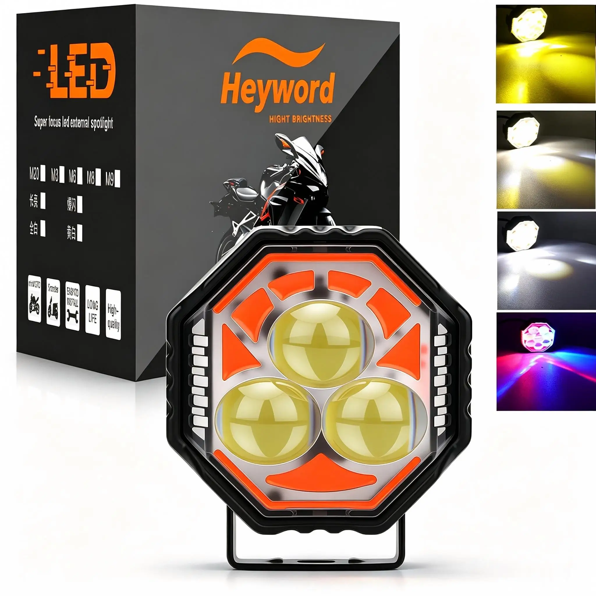 Heyword For Motorcycle Spotlight LED 3 Lens Blue Red White  Flashing Work Bicycle Fog Light