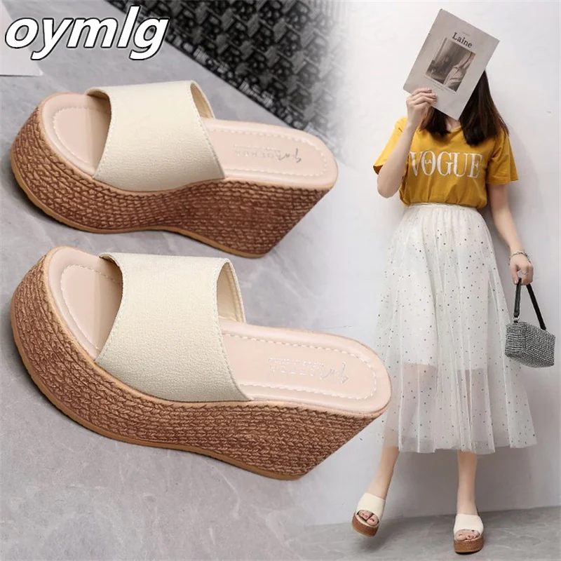 

Muffin with cool mop wedge with thick bottom open toe light fish mouth simple casual women's super high heel slippers 9CM