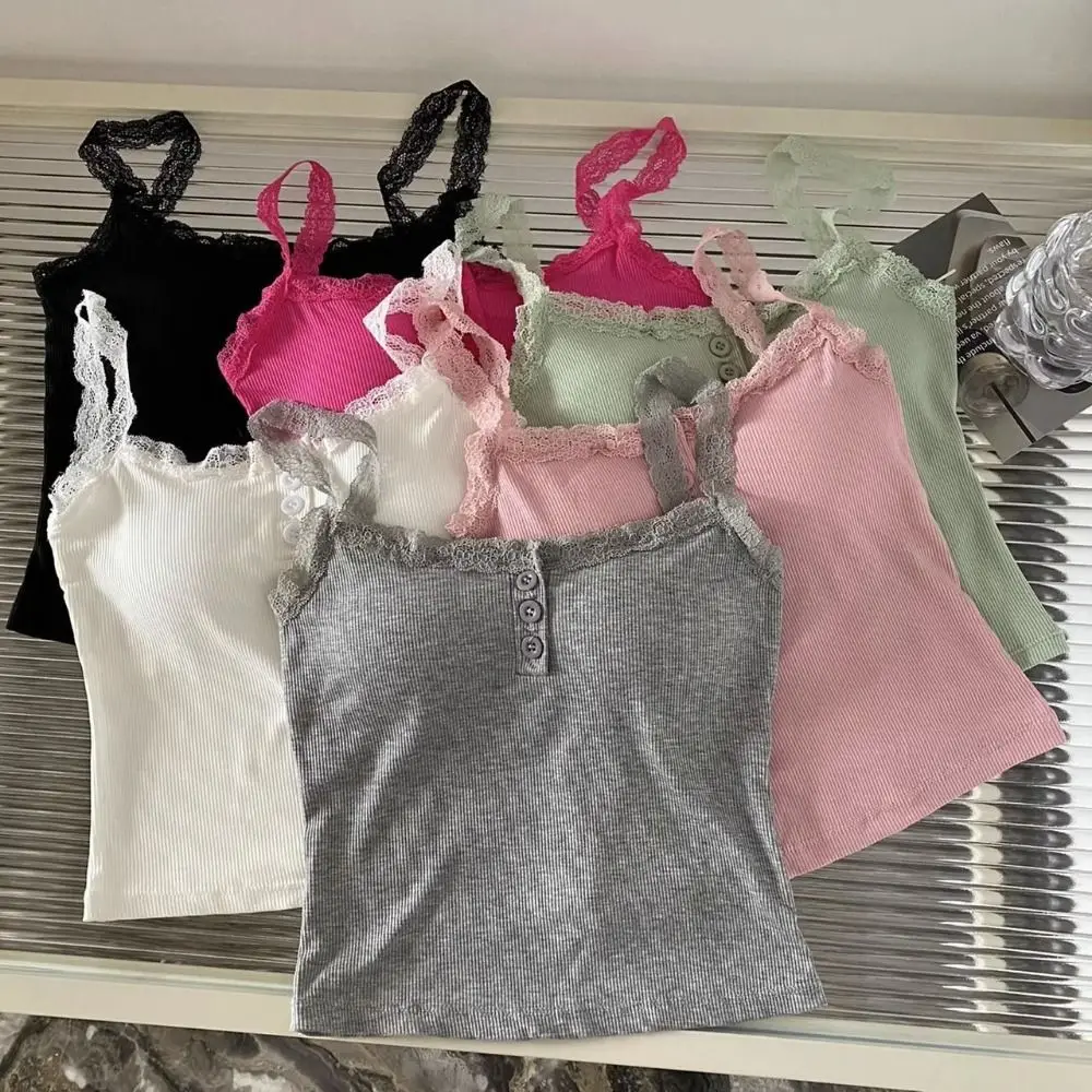 New Cotton Lace Camisole Breathable Solid Color Push Up Bra Lace Trim Crop Top