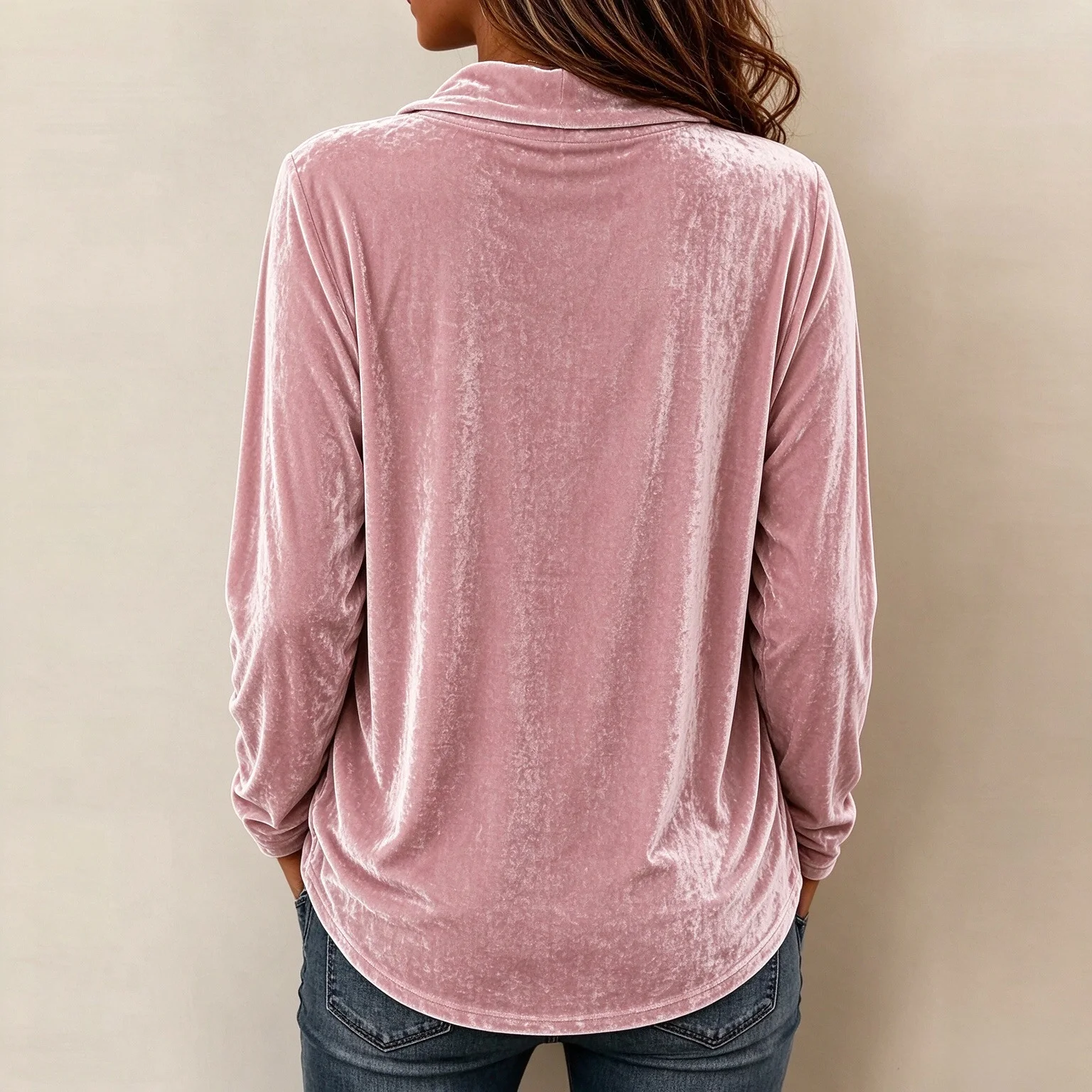 Women Autumn Velvet Top Peter Pan Collar V Neck Long Sleeve Blouse Sexy Loose Pullover Elegant Fall Velour Shirt Daily  Wear