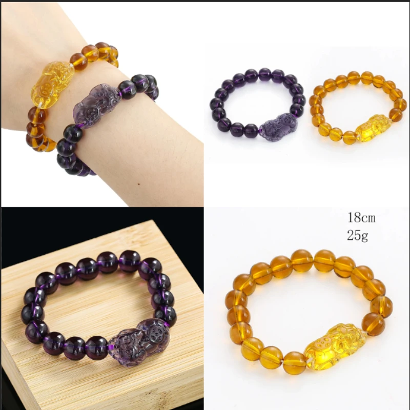 Natural Crystal Pixiu Stretch Bracelet Yellow Citrine Purple Amethyst Pi Xiu Bead Bracelet Feng Shui Wealth Good Luck Jewelry