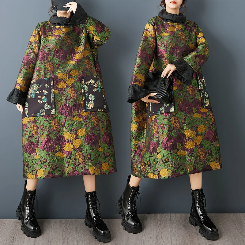 

Новое платье миди больших размеров с цветочной вышивкой и золотым плетением в национальном стиле для полных женщин, весна-осень