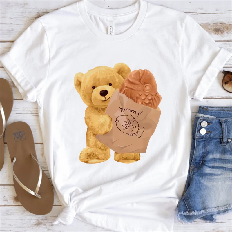 Yummy Taiyaki Bear Printed Women's Summer T-Shirt Short Sleeve Cute Pattern Girls' T-Shirt Basic Street Versatile Cartoon Top