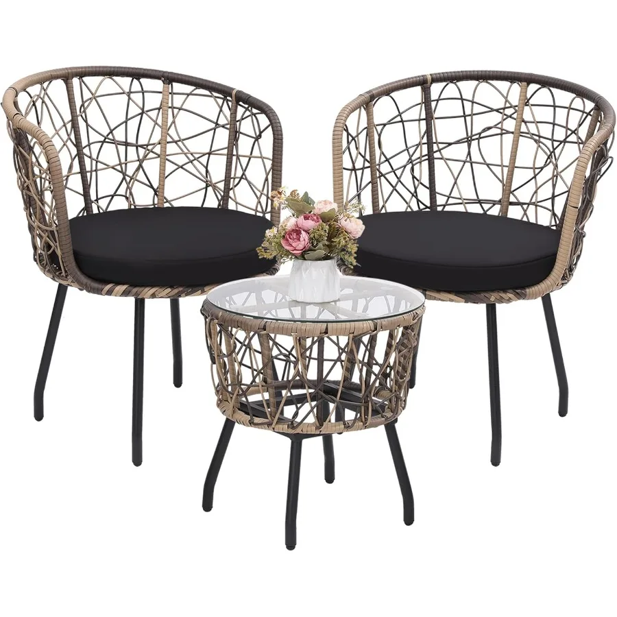 مجموعة بيسترو حديثة للاستخدام الخارجي مع سطح طاولة من الزجاج المقسى وكرسيين لفناء الحديقة أو الشرفة تستخدم إطار الروطان الطبيعي مع #1