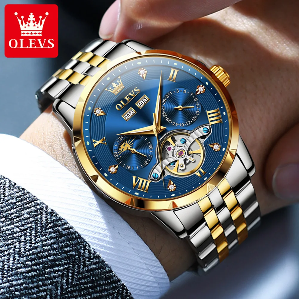 OLEVS men mechanical watch luxury gold blue watches for men auto watch Tourbillon Slef-Wind Luxury Stainless Steel  Wristwatch