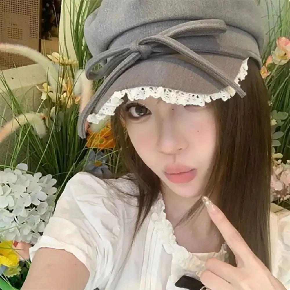 

Korean Style Beret New Sun Protection Bow Lace Edge Newsboy Hat High-quality Show Small Facial Features Octagonal Hat Versatile