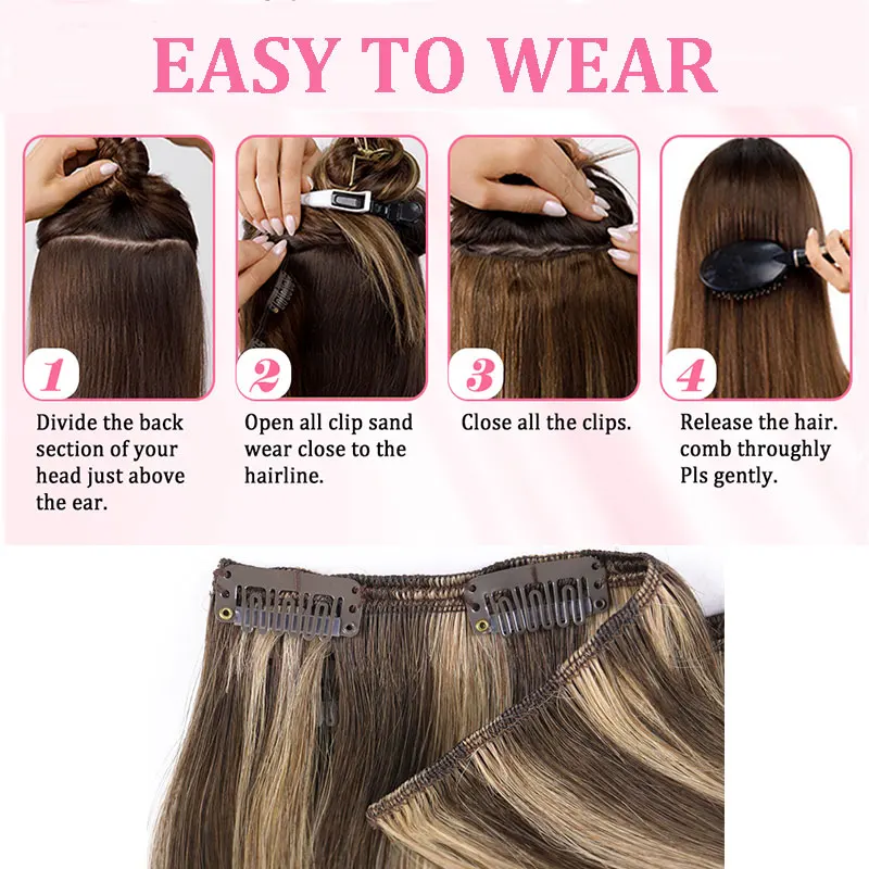 Extensiones con clip rubias de cabello humano, invisibles, #4/27 balayage con reflejos castaños, para mujer, 7 piezas por paquete, 120g 6