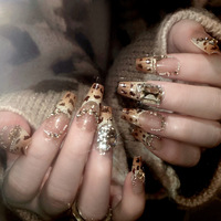 24pcs Autumn Leopard Pattern Fake Nail Tips Shiny Large Crystal French Wearable Press on Nails Spice Girls Fashion False Nails