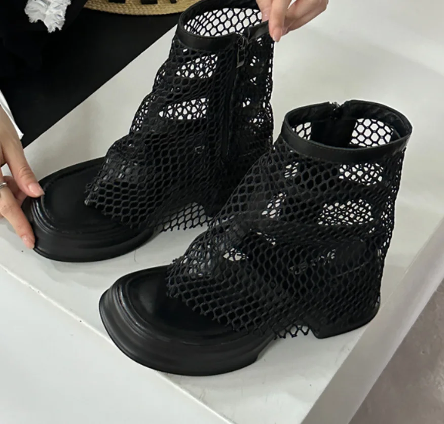 2024 Autumn Summer Cut Out Boots Mesh Net Gladiator Rome Sandals Platform Thick Block Wedge Heel Thong Shoes Bootie Women