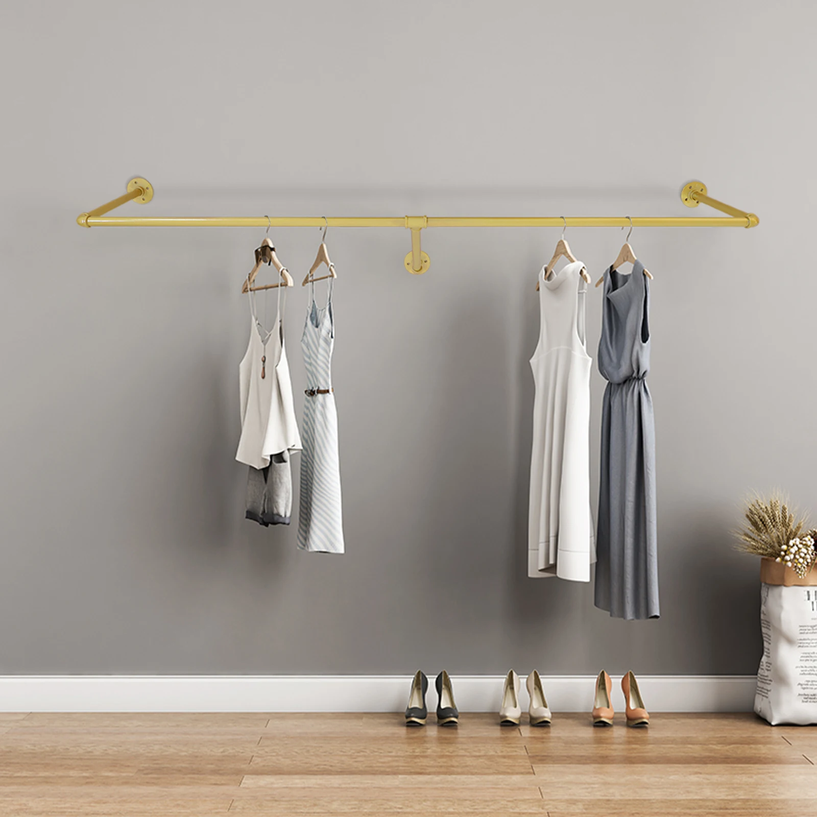 Gold Iron Industrial Pipe Wall Mounted Clothing Rack Wedding Dress Bridal Garment Rack Stand Retail Display Closet Organization