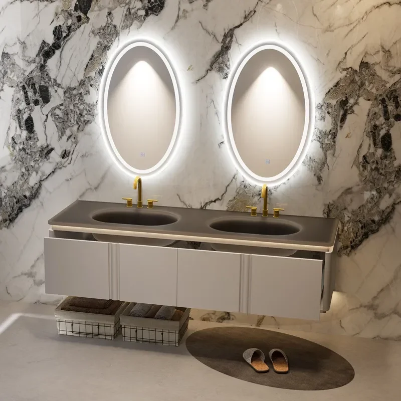 Modern Double Basin Bathroom Cabinet with Glass Integrated Sink and Smart Beauty Mirror Combined Washstand