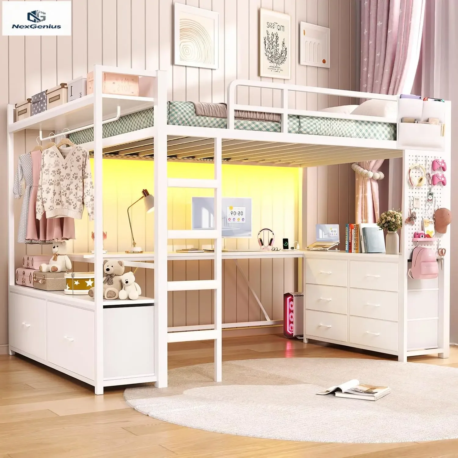 Itaar Twin Loft Bed with L-Shaped Desk and 8 Storage Drawers, Metal Kids Loft Bed Twin with Led Lights & Charging Sation, Hall T